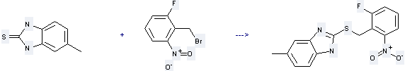 The Benzene, 2-(bromomethyl)-1-fluoro-3-nitro- can react with 5-Methyl-1,3-dihydro-benzoimidazole-2-thione to get 2-(2-Fluoro-6-nitro-benzylsulfanyl)-6-methyl-1H-benzoimidazole.